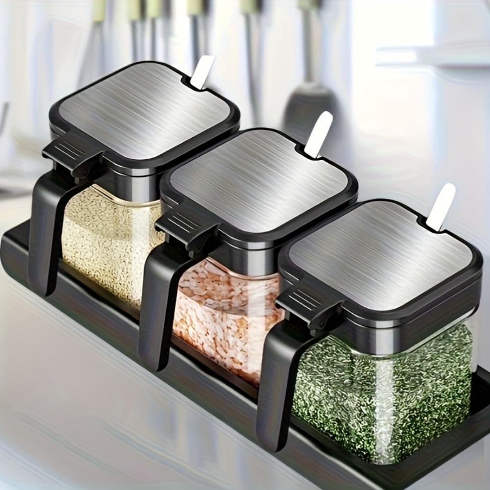 Korean Kitchen Gadgets - 3'lü Cam Baharat Kavanozları Kaşıklı 10oz