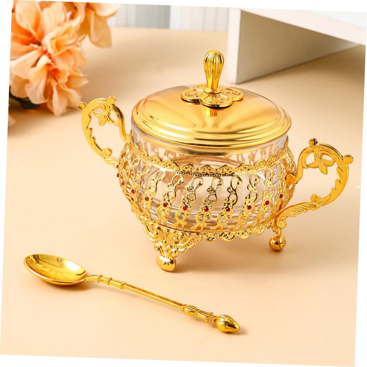Kitchen Gadgets Gold - Kapaklı ve Kaşıklı şekerlik Altın Cam